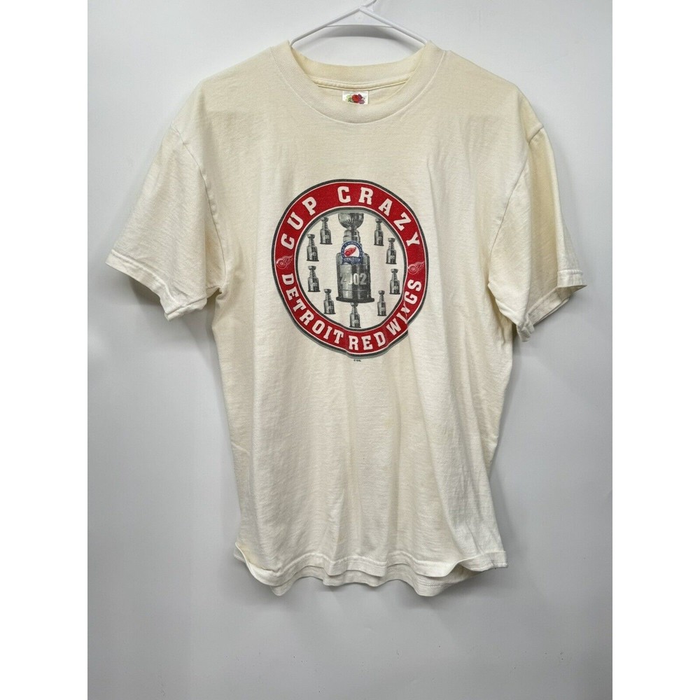 Fruit of the Loom Large T-Shirt Mens Cream‎ Detroit Red Wings 2002 Stanley Cup